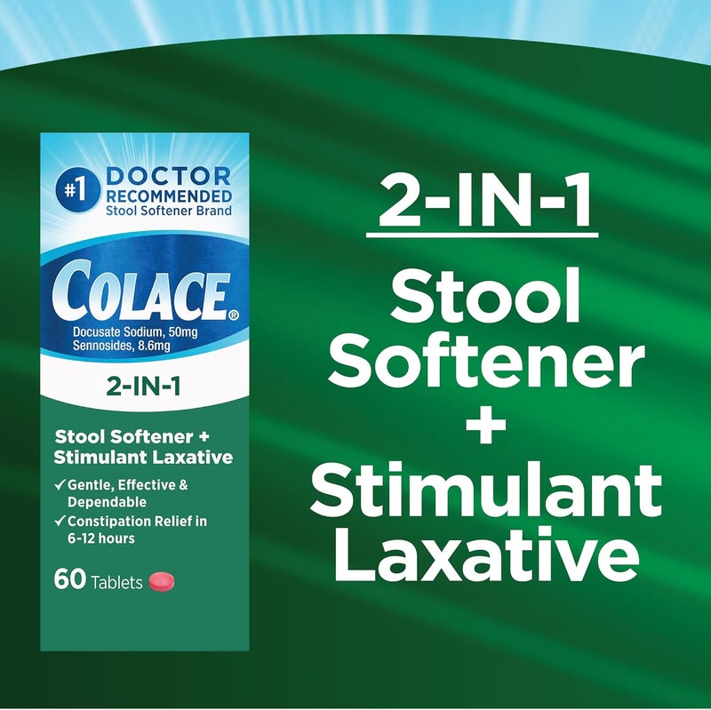 COLACE ملين براز 2 في 1 بالإضافة إلى ملين منبه لتخفيف الإمساك بلطف وفعالية، دocusate Sodium بالإضافة إلى Sennosides، 60 حبة (عبوة من 2) - Image 2